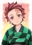  1boy bright_pupils checkered_clothes checkered_haori closed_mouth gradient_background haori highres japanese_clothes kamado_tanjirou kimetsu_no_yaiba kimono looking_at_viewer myukom red_eyes red_hair scar scar_on_face scar_on_forehead short_hair solo upper_body white_pupils 