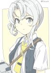  1girl asymmetrical_hair black_vest collared_shirt dress_shirt flipped_hair fubupula grey_eyes kantai_collection looking_at_viewer necktie nowaki_(kancolle) one-hour_drawing_challenge school_uniform shirt shoulder_strap solo upper_body vest white_hair white_shirt yellow_necktie 