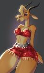  2022 2_horns absurd_res amber_eyes antelope anthro blonde_hair bottomwear bovid breasts cleavage clothed clothing crop_top disney eyebrows eyelashes eyeshadow female fur gazelle gazelle_(zootopia) hair hair_over_eye hands_behind_back hi_res horn looking_at_viewer makeup mammal medium_breasts midriff miniskirt navel one_eye_obstructed red_bottomwear red_clothing red_shirt red_skirt red_topwear shirt simple_background skirt solo tail tan_body tan_fur thick_thighs topwear xensoi zootopia 