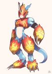  anthro armor bandai_namco blue_body claws digimon digimon_(species) flamedramon hi_res male midriff red_eyes sawch_cls simple_background solo white_background 