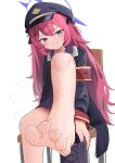 1girl absurdres armband barefoot blue_archive boots boots_removed chair feet foot_focus foot_out_of_frame grey_eyes hat highres iroha_(blue_archive) looking_at_viewer lts_kakuyo presenting_foot red_hair simple_background smile soles toenails toes white_background 