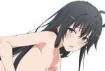  1girl ahoge black_hair blue_eyes blush collarbone commentary_request completely_nude hair_ribbon highres long_hair looking_at_viewer lower_teeth_only nude ribbon shou937 sidelocks simple_background solo teeth white_background yahari_ore_no_seishun_lovecome_wa_machigatteiru. yukinoshita_yukino 