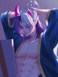  1boy abs adjusting_hair aphelios arms_up black_hair blue_jacket collarbone gradient_background grey_background highres jacket jjolee league_of_legends long_sleeves looking_down mouth_hold muscular muscular_male open_clothes open_jacket pink_hair pink_horns pointy_ears solo spirit_blossom_aphelios white_hair 
