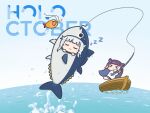  &gt;_&lt; 2girls :3 absurdres blunt_bangs boat chibi closed_eyes commentary ebi-chan_(gawr_gura) english_commentary english_text fish fishing_rod gawr_gura highres holding holding_fishing_rod hololive hololive_english long_hair mpien multiple_girls ninomae_ina&#039;nis shirt shrimp standing standing_on_one_leg tentacle_hair water watercraft white_shirt zzz 