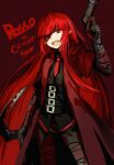  1girl bandaged_arm bandaged_leg bandages belt black_belt black_shirt blood blood_on_bandages blood_on_weapon blunt_bangs coat cowboy_shot e.g.o_(project_moon) employee_(lobotomy_corporation) english_text eyepatch fang flat_chest highres kusuri_(sophiaxu8) lobotomy_corporation multiple_belts necktie open_clothes open_coat open_mouth pointy_ears project_moon red_background red_coat red_eyes red_hair red_necktie shirt short_sleeves simple_background smile solo weapon 