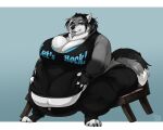  2020 alicia_(biglovealicia) anthro big_breasts biglovealicia black_body black_claws black_clothing black_fur black_hair black_hands blue_eyes bra bracelet breasts broken_chair canid canine canis cel_shading chair cheek_tuft claws clothed clothing curvy_figure digital_media_(artwork) ears_up english_text facial_tuft female finger_claws full-length_portrait fully_clothed fur furniture grey_arms grey_body grey_fur hair hand_on_stomach hi_res huge_belly huge_thighs jewelry light lighting looking_at_stomach mammal morbidly_obese morbidly_obese_female multicolored_body multicolored_fur multicolored_hair neck_tuft obese obese_female on_chair overweight overweight_female portrait shaded signature simple_background sitting sitting_on_chair smile solo text text_on_clothing thick_arms thick_thighs toe_claws tuft tufted_ears two_tone_hair underwear white_body white_breasts white_fingers white_fur white_hair wide_hips wolf wolf_tail 