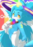  &lt;3 anthro blue_body blue_hair breasts candy crescent_(shape) dessert featureless_breasts female folding_wind_wing food hair lollipop qilame_(seer) rainbow_background simple_background solo unknown_species white_hair yellow_eyes 