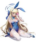  1girl absurdres animal_ears blonde_hair blue_archive blue_bow blue_bowtie blue_eyes blue_footwear blue_leotard bow bowtie breasts detached_collar dezhouyou_touguigui fake_animal_ears halo high_heels highres leotard long_hair medium_breasts official_alternate_costume rabbit_ears simple_background solo strapless strapless_leotard thighhighs toki_(blue_archive) toki_(bunny)_(blue_archive) white_background white_thighhighs wrist_cuffs 