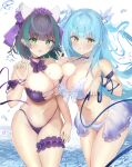  2girls absurdres alternate_costume asymmetrical_docking azur_lane bikini breast_press breasts cheshire_(azur_lane) cheshire_(summery_date!)_(azur_lane) choker cleavage cowboy_shot highres kisahipi large_breasts looking_at_viewer multiple_girls neptune_(azur_lane) official_alternate_costume swimsuit thigh_strap water 