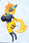  absurd_res accessory anthro arm_tuft aurora_(nbanoob) big_breasts black_body black_fur blonde_hair blue_body blue_eyes blue_flower blue_fur breasts claws curvy_figure elbow_tuft female finger_claws fingers flower flower_in_hair flower_on_head fur generation_7_pokemon hair hair_accessory hi_res huge_breasts legendary_pokemon nintendo nude plant pokemon pokemon_(species) pose sheebibites simple_background smile solo tail thick_thighs tuft whiskers yellow_body yellow_fur zeraora 