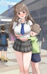  1boy 1girl age_difference arm_under_breasts backpack bag blue_shorts blurry blurry_background blush breasts brown_hair building commentary_request day feet_out_of_frame green_shirt hair_over_eyes hand_on_another&#039;s_face highres hug idolmaster idolmaster_cinderella_girls kamiya_nao large_breasts legs_apart legs_together long_bangs looking_at_viewer miniskirt mithrilrim necktie open_mouth outdoors pushing pushing_away red_eyes resisting school school_uniform shirt short_hair short_sleeves shorts skirt sky standing striped_necktie sweatdrop translation_request uniform walking white_shirt 