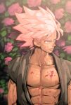  1boy bara bare_pectorals blood blood_on_chest blood_on_face dark-skinned_male dark_skin dougi dragon_ball dragon_ball_z floral_background flower goku_black highres large_pectorals looking_to_the_side male_focus muscular muscular_male nipples open_clothes open_shirt pectorals pink_flower pink_hair short_hair sideburns solo super_saiyan super_saiyan_rose supobi thick_eyebrows wind 