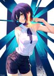  1girl arm_behind_back artist_name black_hair black_shorts blue_choker blue_ribbon breasts chainsaw_man choker cowboy_shot green_eyes hair_between_eyes neck_ribbon rasipan reze_(chainsaw_man) ribbon shirt short_hair shorts sleeveless sleeveless_shirt solo white_shirt 