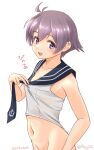  antenna_hair black_necktie black_sailor_collar blue_sky cloud dated day flat_chest groin kantai_collection looking_at_viewer navel necktie no_panties one-hour_drawing_challenge outdoors purple_eyes purple_hair ray.s sailor_collar sakawa_(kancolle) shirt shirt_tug short_hair simple_background sky sleeveless sleeveless_shirt smile twitter_username upper_body white_background white_shirt 