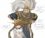  2boys absurdres aged_down blush brothers brown_scarf crown dark_souls_(series) dark_souls_i dark_souls_iii dark_sun_gwyndolin dress frilled_dress frills fur-trimmed_jacket fur_trim gold_armor gold_headwear grey_dress grey_hair hands_on_own_hips helmet highres holding holding_paper jacket leaning_forward long_hair male_focus multiple_boys nameless_king paper scarf short_hair short_sleeves siblings simple_background speech_bubble sweatdrop teeth translation_request white_background zunkome 