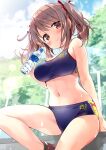  1girl blue_buruma blue_sports_bra blush bottle breasts brown_eyes brown_hair buruma cleavage commission highres knee_up long_hair looking_at_viewer nagayama_yuunon original outdoors ribbon sitting skeb_commission smile solo sports_bikini sports_bra thighs track_uniform twintails water_bottle 