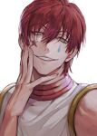  1boy absurdres boony2789 facial_mark grin hair_between_eyes hand_on_own_cheek hand_on_own_face highres hisoka_morow hunter_x_hunter looking_at_viewer male_focus portrait red_hair short_hair simple_background smile star_(symbol) star_facial_mark teardrop_facial_mark teardrop_tattoo white_background yellow_eyes 