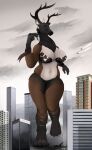  2022 4_toes 5_fingers absurd_res aircraft airplane alien angry angry_expression annoyed annoyed_expression anthro antlers artist_name big_breasts big_butt black_body black_claws black_fur black_nose bottomwear bra breasts brown_body brown_fur building butt car cervine city city_background cityscape claws clothing cloud cloudy colored crush deer destruction detailed_background digital_drawing_(artwork) digital_media_(artwork) ear_piercing ear_ring elves&#039;ta_(taylornoir) extreme_size_difference feathers feet female fingers foot_crush full-length_portrait fur green_eyes hi_res holding_object horn human jet larger_anthro larger_female macro mammal micro military navel pawpads paws piercing portrait ring_piercing shaded signature size_difference skirt sky skyscraper smaller_human solo stomping taylornoir thick_thighs toes translucent translucent_clothing underwear vehicle walking white_body white_fur 