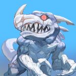 blue_background claws digimon digimon_(creature) highres horns level-00 no_pupils red_eyes scar sharp_teeth simple_background solo teeth v-dramon 