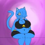  2023 :3 anthro asimplebun bangs belly belly_overhang big_breasts black_clothing black_eyes blue_body blue_hair bottomwear breasts chubby_anthro chubby_female cleavage clothed clothing collarbone crop_top curvy_figure deep_navel digital_media_(artwork) domestic_cat eyelashes eyeshadow fangs felid feline felis female front_view hair hair_over_eye hi_res makeup mammal midriff milki_max navel nipple_outline one_eye_obstructed panties pupils shirt shorts signature sitting slit_pupils solo tank_top teeth thick_thighs topwear underwear voluptuous wide_hips 