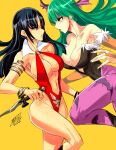  2girls anchet7 animal_print armlet bare_shoulders bat_print bat_wings black_hair blue_eyes bracelet breasts cleavage clothing_cutout collarbone crossover dagger english_commentary eye_contact from_side green_hair head_wings heart_cutout highleg highres holding holding_dagger holding_knife holding_weapon jewelry kneehighs knife large_breasts leg_up leotard long_hair looking_at_another morrigan_aensland multiple_girls navel o-ring pantyhose parted_lips print_pantyhose purple_pantyhose red_slingshot_swimsuit signature slingshot_swimsuit socks strapless strapless_leotard swimsuit vampire_(game) vampirella vampirella_(character) weapon wings yellow_background 