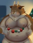  absurd_res anthro antlers belly blush bodily_fluids christmas christmas_ornament cross-popping_vein deer fupa hi_res holidays horn kazusa male mammal moobs navel nipple_chain nude overweight ra_p_bigboi solo sweat tamacolle 