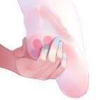  artist_request blue_nails chinese_commentary feet hand_on_own_foot kneehighs legs no_shoes original pantyhose paw_print simple_background socks soles toes white_background white_socks 