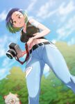  1girl absurdres ass_visible_through_thighs bare_shoulders black_shirt blue_hair bob_cut breasts brown_eyes camera collarbone covered_eyes crop_top denim dog heydove highres hisuian_growlithe holding holding_camera horns large_breasts looking_at_viewer loose_hair_strand midriff multicolored_hair navel perrin_(pokemon) pokemon pokemon_(creature) pokemon_(game) pokemon_sv ribbed_shirt shirt single_horn sleeveless sleeveless_shirt two-tone_hair undershirt v-neck watch wristwatch 