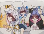  3girls aju4ybk0sbp0v0f arms_up black-framed_eyewear black_gloves black_jacket blue_jacket blue_skirt bronya_zaychik brown-framed_eyewear commentary double_v drawstring fingerless_gloves gloves hand_up headphones headphones_around_neck homei_(honkai_impact) honkai_(series) honkai_impact_3rd hood hood_down hooded_jacket jacket kiana_kaslana long_sleeves multiple_girls off-shoulder_shirt off_shoulder over-rim_eyewear puffy_long_sleeves puffy_sleeves raiden_mei semi-rimless_eyewear shirt short_sleeves skirt sunglasses symbol-only_commentary traditional_media v white_shirt yellow_shirt 