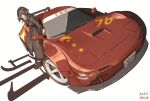  1girl 2023 baronilu brown_coat brown_footwear brown_hair car coat green_hair ground_vehicle highres license_plate long_sleeves looking_at_viewer motor_vehicle ridge_racer simple_background solo sports_car trench vehicle_focus wide_shot 