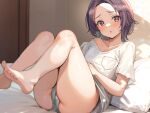  1girl :o absurdres ass bare_legs bed bed_sheet blush brown_eyes brown_hair cameltoe feet hair_ornament heart heart-shaped_pupils highres indoors knees_up looking_at_viewer medium_hair non-web_source on_bed open_mouth original panties parted_bangs pillow shiitake_taishi shirt short_sleeves solo symbol-shaped_pupils t-shirt thong toes underwear white_panties white_shirt x_hair_ornament 