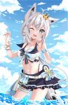  1girl absurdres ahoge animal_ear_fluff animal_ears blue_nails blush braid breasts cloud cloudy_sky commentary crown day fox_ears fox_girl fox_tail green_eyes hair_between_eyes highres hololive hololive_summer_2023_swimsuit long_hair looking_at_viewer mini_crown navel nick_wong ocean one_eye_closed open_mouth outdoors shirakami_fubuki sidelocks single_braid sky small_breasts solo tail virtual_youtuber wading white_hair 