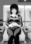  1girl chainsaw_man chair closed_mouth copyright_name cropped_shirt greyscale hand_on_own_stomach highres midriff mifune_fumiko monochrome movie_projector namako_(rikina_kazuhisa) navel pants pinching sitting solo stomach 