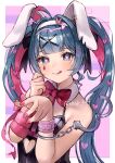  1girl animal_ears blue_eyes blue_hair border colored_inner_hair cuffs fake_animal_ears hair_ornament hairclip handcuffs hatsune_miku headband heart heart-shaped_pupils highres looking_at_viewer multicolored_background multicolored_hair pink_background pink_hair pink_nails playboy_bunny purple_background rabbit_ears smile solo symbol-shaped_pupils tananuki teardrop_facial_mark tongue tongue_out twitter_username vocaloid white_border white_headband 