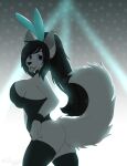  absurd_res black_hair black_nose blue_eyes breasts bunny_costume canid canine canis clothing costume fur hair hi_res legwear long_hair long_tail mammal ponytail side_boob side_view simple_background smile smiling_at_viewer tail white_body white_fur wolf 