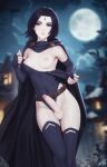  1girl black_cloak black_hair black_leotard black_thighhighs blurry blurry_background breasts cloak clothing_aside commentary covered_navel dc_comics english_commentary erection fingerless_gloves forehead_jewel full_moon futanari gloves groin highres leotard leotard_aside leotard_pull medium_breasts moon night nipples one_breast_out outdoors parted_lips penis personal_ami purple_eyes raven_(dc) short_hair signature solo teen_titans testicles thighhighs uncensored 
