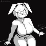  2023 absurd_res anthro bandage_on_nose big_butt bottomwear breasts butt clothed clothing curvy_figure ears_down female fully_clothed hair hi_res lagomorph leggings legwear leporid looking_at_viewer mammal monochrome no_pupils pants pivoted_ears rabbit rear_view simple_background sitting solo teeth text thick_thighs tight_clothing whiskers wide_hips yiezzas yoga_pants zipper 