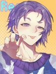  1boy :p blue_lock character_name commentary_request fingernails highres koumimi long_sleeves mikage_reo polka_dot polka_dot_background portrait purple_eyes purple_hair short_hair solo tongue tongue_out twitter_username 