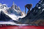  3others angel_(evangelion) blue_sky cyrilou15 fantasy highres horror_(theme) light moon mountain multiple_others neon_genesis_evangelion sachiel_(evangelion) scenery science_fiction shadow size_difference sky snow 