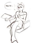  2022 3:4 anthro biped breasts bulochka clothed clothing dialogue digital_media_(artwork) dress english_text female hair hi_res holding_object mammal monochrome simple_background sitting sketch solo speech_bubble text white_background 