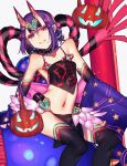  1girl bare_shoulders black_fundoshi breasts chinese_clothes detached_sleeves dudou fate/grand_order fate_(series) fundoshi headpiece highres horns japanese_clothes looking_at_viewer navel oni oni_horns pumpkin purple_eyes purple_hair revealing_clothes short_eyebrows short_hair shuten_douji_(fate) shuten_douji_(halloween_caster)_(fate) sitting skin-covered_horns small_breasts smile solo star_(symbol) star_print thighhighs yatatashira 