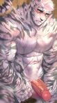  1boy abs alternate_facial_hair animal_ears arknights bara beard blue_eyes blush completely_nude facial_hair feet_out_of_frame firenzesaika furry furry_male half-erect highres large_hands large_pectorals male_focus male_pubic_hair mountain_(arknights) muscular muscular_male navel_hair nipples nude pectorals penis pubic_hair sauna scar scar_across_eye scar_on_arm scar_on_face short_hair solo stomach sweat tail thick_eyebrows tiger_boy tiger_ears tiger_stripes tiger_tail uncensored veins veiny_penis white_fur white_hair 