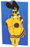  2022 absurd_res antennae_(anatomy) anthro areola arthropod arthropod_abdomen bee bie_(beefuccer) big_breasts big_butt black_sclera blonde_hair bottomwear breasts brown_hair butt clothing female fur hair hi_res huge_breasts huge_butt huge_thighs hymenopteran hyper hyper_breasts insect multicolored_hair neck_tuft nipples nude purple_eyes simple_background smile solo standing striped_hair thick_thighs tuft wide_hips wings yellow_body zantanerz_(artist) 