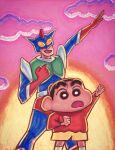  arm_up bodysuit bright_pupils clenched_hand cloud crayon_shin-chan faux_traditional_media fuko-maybe helmet highres male_child no_nose nohara_hiroshi nohara_shinnosuke open_mouth pink_sky red_shirt sentai shirt shorts sky socks sunset thick_eyebrows white_pupils white_socks yellow_shorts 