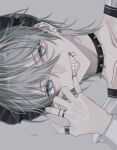  1boy blue_eyes clenched_teeth collar collarbone ear_piercing earrings grey_hair hair_between_eyes highres jewelry looking_at_viewer maid_headdress male_focus mouth_piercing multiple_rings original piercing portrait ring signature simple_background smile solo sosaku_25 teeth 