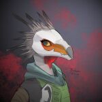  1:1 akilae06 alien anthro arm_wraps armor avian avian_caruncle beak clothed clothing colored eyelashes fangs feather_hair feathered_crest feathers female grey_body grey_feather_hair grey_feathers grey_skin halo_(series) head_crest hi_res kig-yar looking_at_viewer microsoft pseudo_hair red_neck scalie shemagh smile solo t&#039;vaoan teeth vel_(akilae06) white_body white_skin wraps xbox_game_studios 