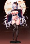  1girl absurdres alternate_costume black_thighhighs blue_eyes breasts commentary_request condom condom_belt cum cum_on_body full_body genshin_impact grey_hair hair_bun hair_over_one_eye highres jiangshi large_breasts looking_at_viewer navel nipples one_eye_covered open_mouth pelvic_curtain shan_far shenhe_(genshin_impact) smile solo standing thighhighs thighs tongue tongue_out used_condom wide_sleeves 
