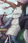  abs absurd_res anthro athletic athletic_anthro athletic_male bare_chest bulge canid canine canis cherry_blossom cherry_blossom_tree cherry_tree clothed clothing fruit_tree fur hi_res ifrinox male mammal mountain nipples outside pecs plant scar sitting skimpy smoking smoking_pipe solo suggestive_pose tree v-cut white_body white_fur wolf 