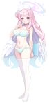  1girl absurdres aqua_bra aqua_panties blue_archive bra breasts closed_mouth collarbone fukemachi full_body halo hat highres large_breasts long_hair looking_at_viewer low_wings mika_(blue_archive) nurse nurse_cap panties pink_hair pink_halo smile solo standing thighhighs underwear underwear_only white_headwear white_thighhighs white_wings wings yellow_eyes 