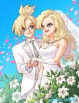  1boy 1girl ayla_(chrono_trigger) bare_shoulders blonde_hair blue_eyes breasts bridal_veil cherry_blossoms chrono_trigger cleavage closed_mouth collared_shirt couple cowboy_shot curly_hair dress earrings falling_petals flower fusso_oekaki gloves grey_necktie hair_between_eyes hand_on_another&#039;s_hip hetero high_ponytail highres holding_hands husband_and_wife jacket jewelry kino_(chrono_trigger) leaf lily_(flower) long_hair looking_at_another medium_breasts necklace necktie outdoors pants parted_bangs petals pinstripe_pattern pinstripe_vest shirt short_ponytail smile striped tuxedo twitter_username veil vest waistcoat wedding wedding_dress white_dress white_flower white_gloves white_jacket white_pants white_shirt 